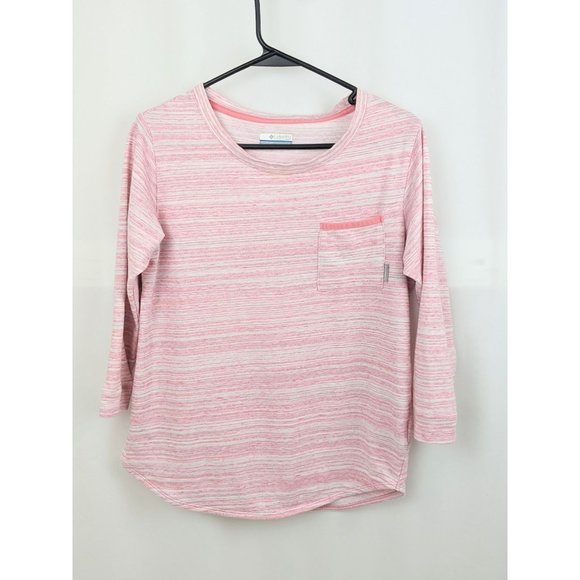 Columbia Pink White Striped Jersey Knit Pullover Crew Neck 3/4 Sleeve Shirt Top - Picture 5 of 5